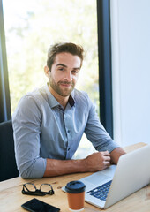 Poster - Portrait, business man and laptop in desk at office with pride in startup company as legal advisor. Entrepreneur, table and happy as lawyer at law firm for career, job and opportunity with growth