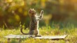 Cute kitten doing yoga on mat with raising hands up at summer sunny day