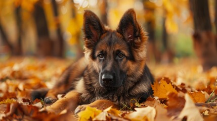 Wall Mural - Dog resting leaves forest floor