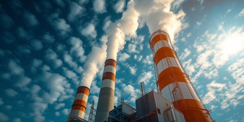 Wall Mural - low angle shot of nuclear power plant with cooling towers chimney steaming with blue sky background