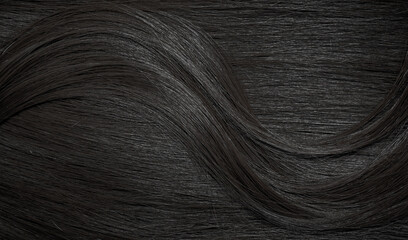 Sticker - Brunette or black hair. Female long dark hair in black. Beautifully laid curls. Closeup texture in a dark key. Hairdressing, hair care and coloring. Shading gray hair. Background with copy space.
