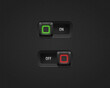 Realistic toggle switch. Black switches with backlight, on off - position. Vector illustration.