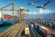 Busy Industrial Port with Cargo Ships and Freight Trucks in Operation