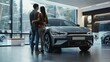 © Sasint - A couple examining a new electric car in a dealership showroom