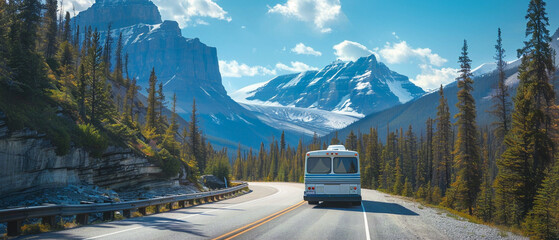 a red tourist bus drives through stunning national park with lush trees and clear skies.