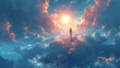 people walk towards heaven through a sea of clouds with divine light