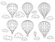 Balloons travel sky transport graphics hand drawn coloring clouds nature dreams lightness on a white background set