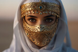 Fototapeta  - Arabian girl wearing traditional Arabian dress and a decorative Arabian mask.