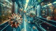 microscopic view of virus spreading in subway train