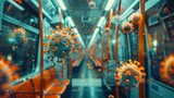 Fototapeta  - Orange virus particles floating in the air in a subway car