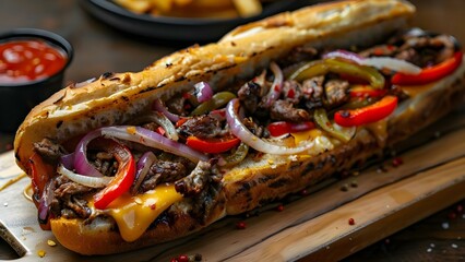 Canvas Print - Mouthwatering Cheesesteak Delight with Vibrant Toppings. Concept Cheesesteak, Food Photography, Delicious Toppings, Gourmet Meal