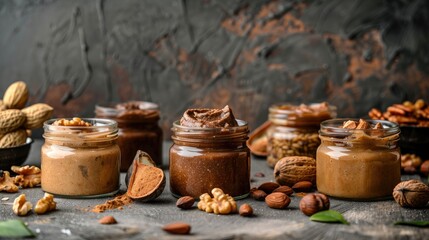 Poster - Variety of nuts in homemade nut butter packed in glass containers