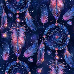 Poster - A seamless pattern of 3D dreamcatchers with iridescent feathers and beads.Seamless Pattern, Fabric Pattern, Tumbler Wrap, Mug Wrap.