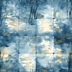 Poster - Seamless tiles depicting the serene beauty of sunlit lakes, with watercolor reflections of sunlight dancing on the water's surface.  Seamless Pattern, Fabric Pattern, Tumbler Wrap, Mug Wrap.