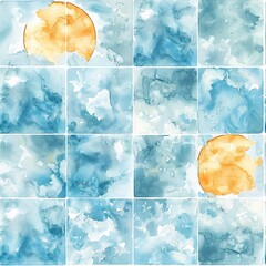Poster - Watercolor tile pattern showcasing fluffy clouds and the bright sun, seamlessly blended in soft pastel hues.  Seamless Pattern, Fabric Pattern, Tumbler Wrap, Mug Wrap.