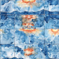 Poster - Seamless watercolor tile pattern depicting the sun's reflection on calm waters, blending blues and oranges in a tranquil scene.  Seamless Pattern, Fabric Pattern, Tumbler Wrap, Mug Wrap.