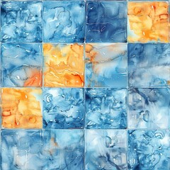 Poster - Seamless watercolor tile pattern depicting the sun's reflection on calm waters, blending blues and oranges in a tranquil scene.  Seamless Pattern, Fabric Pattern, Tumbler Wrap, Mug Wrap.
