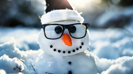 Canvas Print - Snowman with glasses and hat in snowy setting