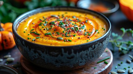 Wall Mural - Against a backdrop of green living, a stunning presentation unfolds: a nourishing bowl of pumpkin and carrot puree soup, adorned with swirls of turmeric cream-2