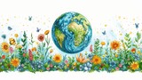 Fototapeta Panele - This is a happy Earth day concept, 22 April, element modern set. Save the earth, globe, recycle symbol in simple drawing doodle style. Ideal for web, banners, campaigns, and social media posts.