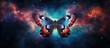 A butterfly with red and blue wings in a galaxy