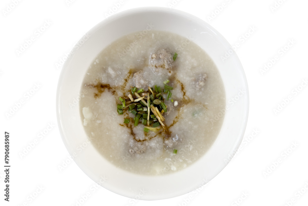 Cofee Rice Soap rice soup or congee with pork in a white bowl close up. Traditional ...