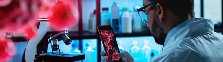  Scientist with phone displaying cells, lab background, focus on screen, modern research.