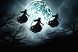 Witches flying on broomsticks across the moon.