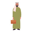 Arab businessman in traditional Muslim outfit holding briefcase and standing vector illustration