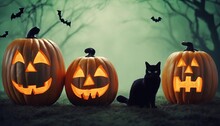 Black Cat Sits In Front Of Four Pumpkins With Glowing Eyes