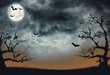 dark sky with a full moon and bats flying in the background