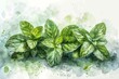 Refreshing Peppermint: A sprig of peppermint with its vibrant green leaves and cool, minty aroma, painted in a realistic watercolor style with crisp lines and subtle water stains on a white background