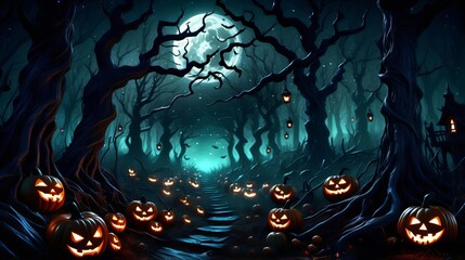 Wall Mural - dark forest with a full moon and many pumpkins