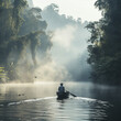 A captivating landscape photo featuring a man on a boat navigating through a misty river in Cambodia. The eclectic cultural themes of the region are evident in the serene setting, where the mist adds 