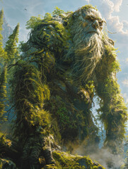 Wall Mural - Giant forest troll covered in natural growth of trees and plants fantasy illustration concept
