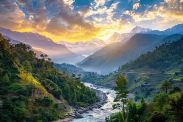 Wall Mural - Beautiful River in the Himalayas: Colorful Landscape with Mountain Peaks, Green Forest, and Pristine Waters