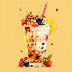 Canvas Print - Craft a mouthwatering AI illustration of a bubble tea milkshake adorned with colorful fruits and tantalizing dessert options-1