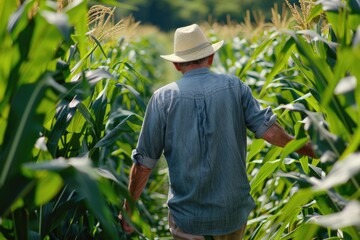 Wall Mural - Unrecognizable Senior Farmer Inspecting Health of Corn Crops in Agricultural Field