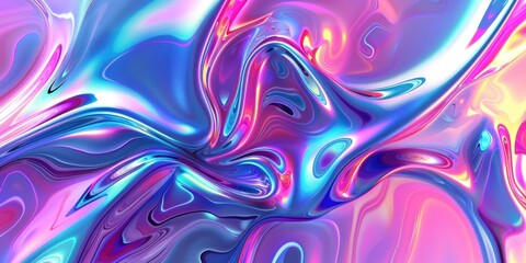 Wall Mural - Graphic Banner: Chrome Holographic Abstract Design Background with Modern Fluid Illustration