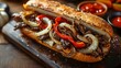 Delicious Philly Cheesesteak with Onions & Peppers. Concept Sandwiches, American cuisine, Food photography, Cheesesteak, Restaurant dishes