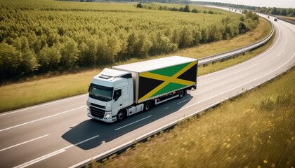 An Jamaica-flagged truck hauls cargo along the highway, embodying the essence of logistics and transportation in the Jamaica