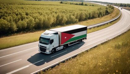 An Jordan-flagged truck hauls cargo along the highway, embodying the essence of logistics and transportation in the Jordan