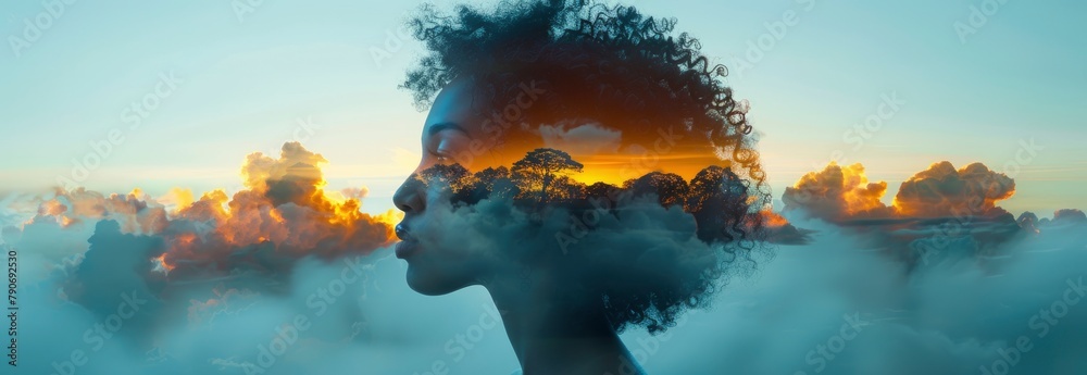 Illustration Stock Double exposure of african american woman and island ...