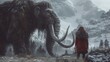 woolly mammoth and hunter from prehistoric ice age 