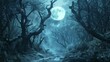 An eerie forest path under a full moon, with branches forming unsettling shapes