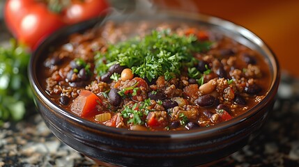 Canvas Print - With attention to detail, the camera lens captures the allure of homemade Black Bean Chili: steam rises from the hearty bowl resting on a granite countertop-2