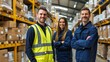 © Watie2781 - Three warehouse workers in safety vests and uniforms standing confidently in a well-organized industrial storage area.