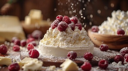 Wall Mural - With meticulous attention to detail, the camera captures the essence of dairy indulgence: a close-up shot reveals the velvety smoothness of milk, butter, cheese, and cottage cheese