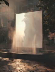 Poster - Blank Poster Reflected on Water Fountain Creating Illusion of Floating Art
