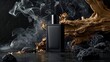 © B.Panudda - Minimalist matte black perfume bottle. A square bottle in the dark with golden bark behind it. Smoke surrounds the black background,take product photos and advertisements